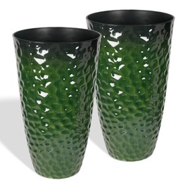 Worth Garden 14" Dia x 24" H Large Plastic Planters with Drainage Hole, Set of 2 Hammered Texture Green Glossy Smooth Finish, Tall Round Decorative Flower Plant Pot for Indoor Outdoor, Front Porch