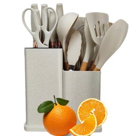 19 Pieces Kitchen Utensil and Knife Set with Block, with 11 Piece Silicone Cooking Utensils, 5 Pcs Sharp Stainless Steel Chef Knives Scissors Whisk Tongs and Cutting Board Beige