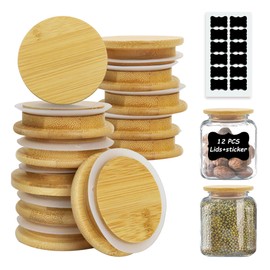 12 Pcs Bamboo Lids for Glass Cups, Reusable Wooden Storage Lids With Labels & Silicone Seal for Oui Yogurt Glass Jars, YITOBA Regular Mouth Lids for Ball/Mason Jars (2.64 inch)