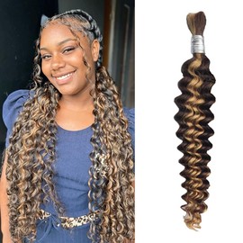 Human Braiding Hair P4/27# Balayage Deep Wave Bulk Human Hair 12A Bulk Braiding Hair For Boho Braids 16 Inch 50g/1Bundle Wet And Wavy No Weft Hair Extensions