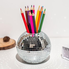 RGBDOT Disco Ball Pencil Holder for Desk - Disco Ball Pen & Makeup Brush Organiser with Silver Sequins, Disco Accessories Decor for Office, Home or Bedroom - 4 in