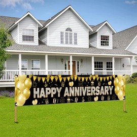 Happy Anniversary Decoration Anniversary Party Banner Happy A nniversary Fabric Sign Poster, Wedding Anniver sary Party Background, Black Gold Anniversar y Poster, 3 m x 0.5 m