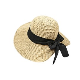 Wide Brim Sun Hats for Women Straw Beach Hat with Bow Crochet Travel Bucket Hat Foldable, Beige, 7 1/8-7 1/4