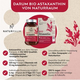 Organic Astaxanthin 12 mg I Vegan I 60 Capsules in Glass I Natural Antioxidant from Haematococcus Pluvialis Microalgae I Optimised Bioavailability with Olive Oil I Depot Capsules I High Dose without