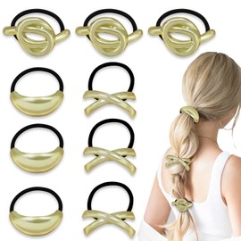 BangBoom 9 Pieces Gold Hair Ties, 3 Styles Metal Geometric Hair Cuffs, Golden Ponytail Holder for Women Thick Bands Hairstyle Accessories (9)