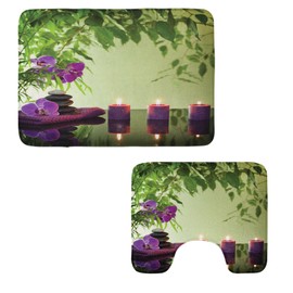 Ambesonne Spa Bathroom Rug Set 2 Pieces, Stones Aromatic Candles and Orchids Blooms Treatment Vacation, Water-Resistant Rectangle Floor Rug & U-Shape Contour Mat, Pale Green Fern Green