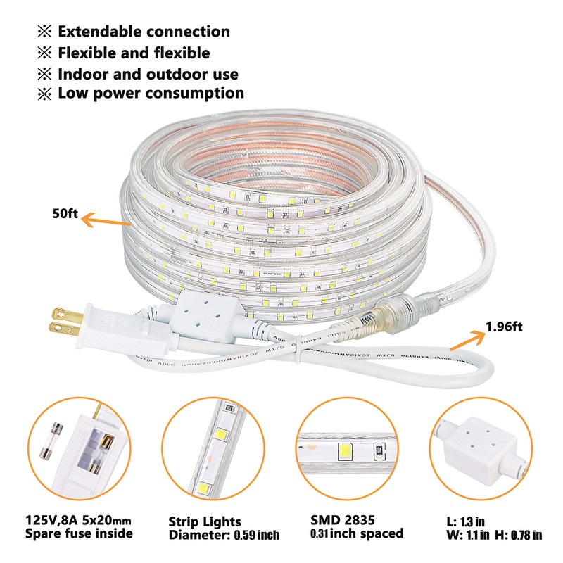 SURNIE 50ft LED Rope Lights Outdoor Waterproof, 110V Flexible Daylight