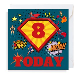 Second Ave Superhero 8th Birthday Age 8 Square Children's Kids Birthday Greeting Card for Boy or Girl