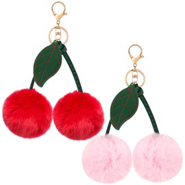 Neptniopllab Cherry Charm Keychain,Fluffy Pompon Cherry Keychain Green Leaf, Cherry Bag Charm Pendant Cute Cherry Charm Keyring for Purse Handbag Christmas Stocking Stuffer