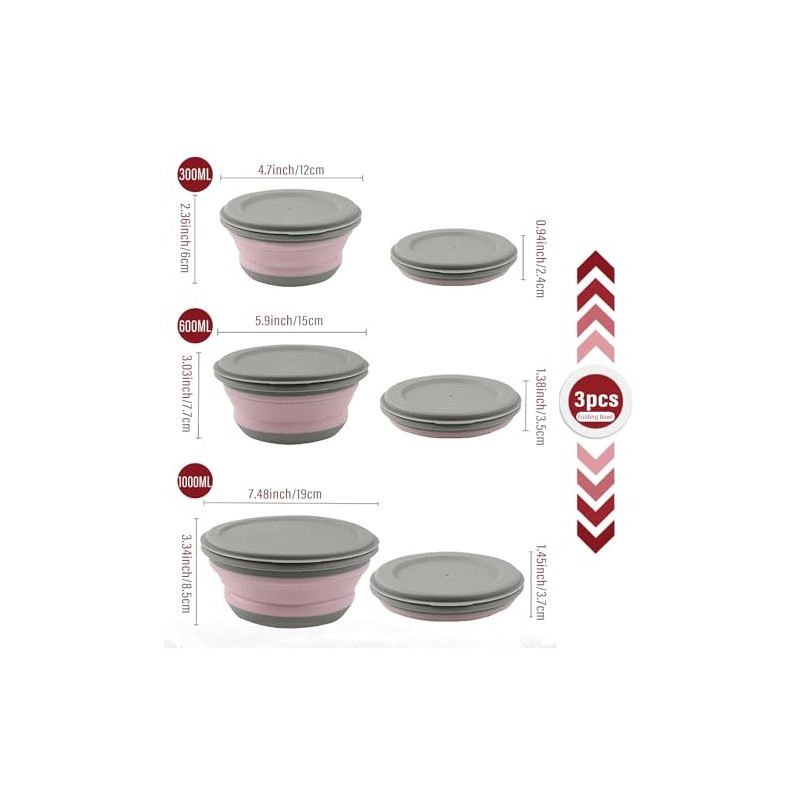 Collapsible Bowl, 3 Pcs Food Grade Silicone Camping Bowl, Expandable