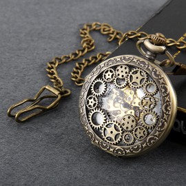 Lancarodo women's and men's pocket watch, retro gear sprocket, mechanical chain watch, skeleton watch, steampunk automatic mechanical pocket watch bronze with necklace pullover chain