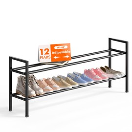 Bumusty 2-Tier Long Expandable Shoe Rack for Closet, 18"-44" Adjustable Shoe Rack for Entryway, 10-12 Pairs Large Shoe Organizer Shelf Storage, Sturdy Metal, Black