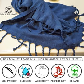 MOLANIA HOME Turkish Hand Towel Set of 2 (16x40) | 100% Organic Cotton Turkish Towels for Bathroom | Decorative Kitchen Hand Towels | Usage for Face, Hair, Gym, Yoga, Tea, Kitchen and Bath - Navy Blue