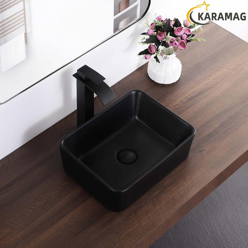 KARAMAG Black Vessel Sink Rectangle 16"x12" Bathroom Sink Rectangular Modern