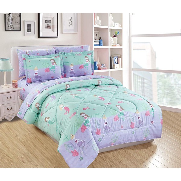 Elegant Home Multicolor Mermaid Sea Life Design 7 Piece Comforter Bedding Set for Girls/Kids Bed in a Bag with Sheet Set # Mermaid (Full)