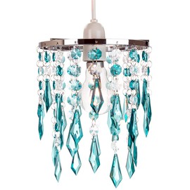 Modern Waterfall Design Easy Fit Pendant Shade with Clear/Teal Acrylic Droplets and Beads - Chrome Metal Rings - 16cm Diameter by Happy Homewares