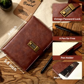 CAGIE Journal with Lock for Men Refillable 192 Lined Pages Locked Journal with Pen A5 Diary with Lock for Writing Travel Gift, 5.7x 8.5 Inches, Brown