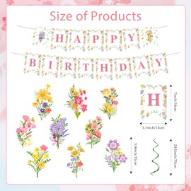 Floral Birthday Party Decorations for Girls, Flower Happy Birthday Banner with Garland Hanging Swirls Multicoloured Wildflower Decorations Set for Women