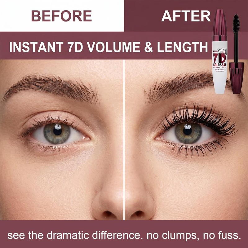 2 Pieces 7D Waterproof Mascara, Natural Length,Long-Lasting & Buildable Volume,