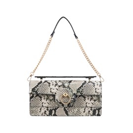 Jessica Simpson Brooke Clutch, Stylish Shoulder Bag with Chain Strap Accents, French Latte Metallic Gold Python