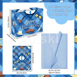 Aviski Fathers Day Gift Bags, 1 Pack, 13 x 10.2 x 4.9 in, with Cards and Tissue Paper, Best Dad Ever Paper Bags for Party Favor