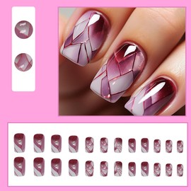 AkiliBIELY Square Press on Nails Short Medium White Light Purple Red Broken Glass Design Fantasy Fake Nails Women Glue on Nails Acrylic Gel Stick on Nails Classy Pretty False Nails Wedding Birthday