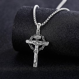 HBLICY Jesus Crucifix Necklace 925 Sterling Silver Crucifix Cross Pendant Protection Jewelry Gift for Men Women