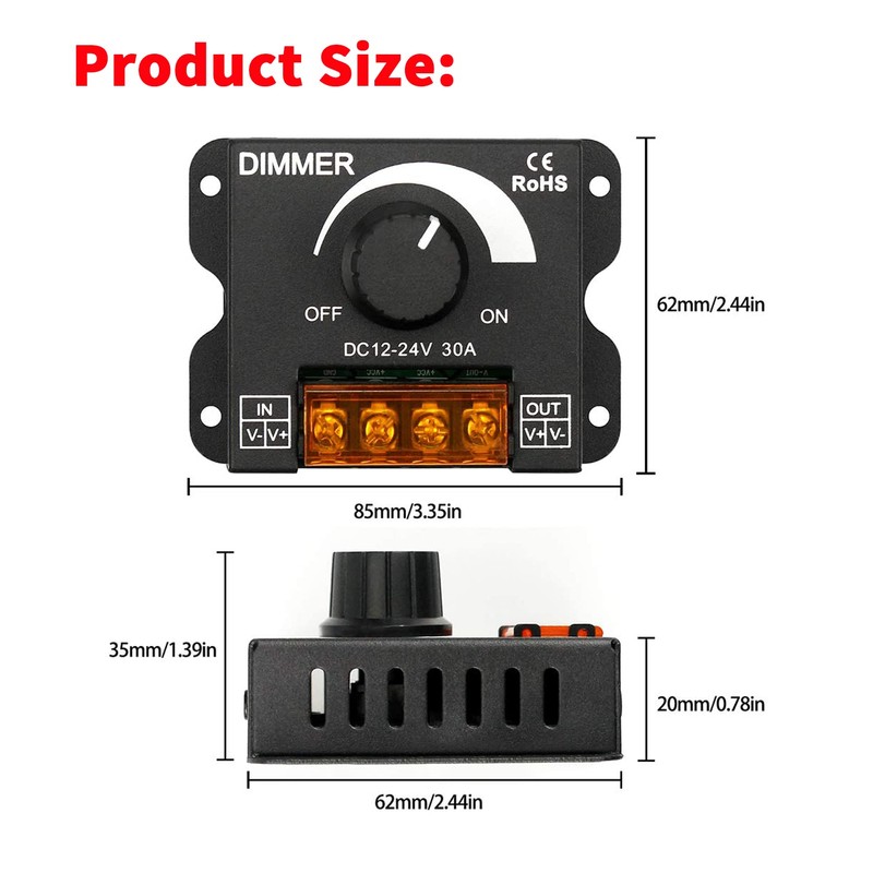 LED Light Strip Dimmer,DC 12V-24V 30A PWM Dimming Controller,Dimmer Knob
