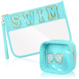 SUILU 2 Pcs Swim Bag Cosmetic Makeup Bag with Chenille Letter Patch,with Handles PVC Waterproof Clear Makeup Bag,Portable Toiletry Storage Bag