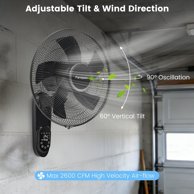Fanspex 16" Wall Mounted Fan with Auto-oscillation, Timer, Adjust Wind