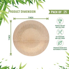 Epecnic 25 Set 7 Inch Round Bamboo Plates, BPA-Free Eco-Friendly Bamboo Fiber Dinner Plates with Leak Proof, Stackable, Compostable and Biodegradable for Appetizer