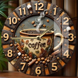 13 Inch 3D-Inspired Visual on 2D HD Print Round Large Tempered Glass Wall Clock Vintage, Rustic - Farmhouse - Decorative,Silent Non Ticking -Modern Analog Wall Clock for Coffee Bar, Kitchen