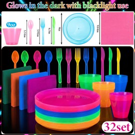 Havawish 192 Pcs Neon Party Supplies Set Serves 32 Including 9 Inch Disposable Neon Plates and Spoons with Plastic Cups Knives Forks Glow in the Dark Tableware for Blacklight Birthday Party Supplies