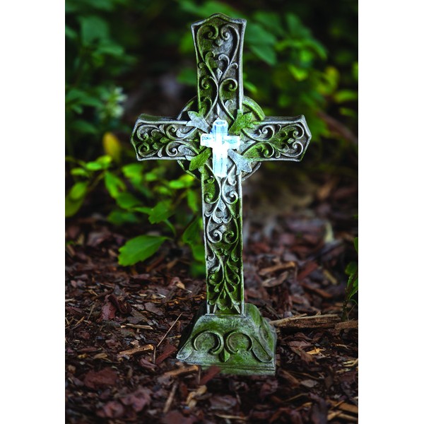 Manual Woodworkers & Weavers 94532 Memorial Stone Cross with Solar LED Mini Cross44; 6.75 x 3 x 14 in.