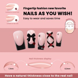 Noerrors Medium Long French Tip Press on Nails Goth Black French Fake Nails with Bow Charm Pearl Squoval Designs 3D Cute Red Gems False Nails Glossy Dark Style Glue on Nails Kit 34Pcs for DIY Nail Art