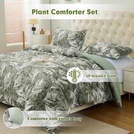 Anrenoti 3pcs Forest Green Leaves Comforter Set, Fluffy Luxury White Leaf Design Down Alternative Comforter King (104"x90"), Lightweight Microfiber Plant Bedding with 2 Pillowcases for All Seasons
