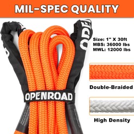 OPENROAD Kinetic Recovery Tow Rope, 36000 Lbs (1in x 30ft Orange with Soft Shackle) Extreme Duty 35% Elasticity Energy Offroad Snatch Strap, Vehicle Recovery Kit for Jeep Car Truck ATV UTV SUV