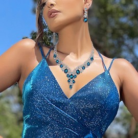 Clearine Wedding Bridal Jewellery Set Teardrop Rhinestone Cluster Statement Necklace Costume Dangle Earrings for Women Blue Topaz Silver-Tone