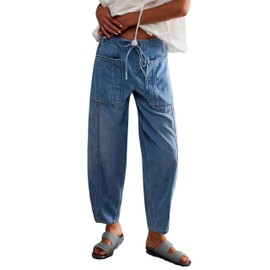 Women's Wide Leg Baggy Jeans Elastic Low Rise Barrel Jean Loose Boyfriend Denim Pants with Drawstring Light Blue