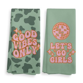 NOQL Green Pink Let's Go Girls Kitchen Towels and Dishcloths Set of 2, Preppy Kitchen Towels, Disco Ball Leopard Print Drying Cloth Hand Towels for Girls Dorm Bathroom Kitchen Decor, 16×24 Inches