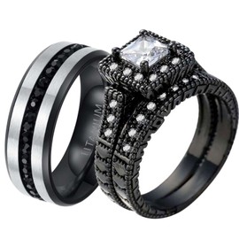 ringheart Couple Rings Matching Ring 1ct AAA CZ Women Wedding Ring Sets for Him and Her His Her Wedding Ring, Metal crystal rhinestone stone, Cubic Zirconia,