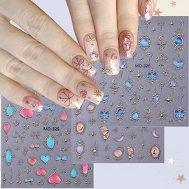 5D Crystal Embossed Mirror Star Nail Stickers,Baroque Princess Style Self-Adhesive Designs Nail Decals Rhinestones Colorful Irregular Bow Nails Decoration Moon Heart Nail Stickers for Nail Salon,3Pcs