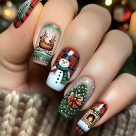 24Pcs Christmas Press on Nails Medium Length Square Fake Nails with Xmas Tree Snowman Deer Designs Winter Acrylic Red Grid Full Cover Stick on Nails Artificial Christmas Glue on Nails for Women