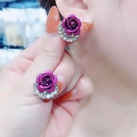 Wendalern Cubic Zirconia Rose Flower Stud Earrings Small Purple Rose Earrings Matte Texture Flower Earrings Cute Rose Blossom Hypoallergenic Stud Ear Jewelry for Women Girls