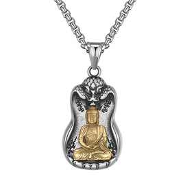 Rockyu Necklace, Amulet, Kwan-Yin Bodhisattva Necklace, Men's, Gold, Silver, 316L Stainless Steel, Buddha Statue, Kwan-yin Motif Pendant, Amulet Honzon Necklace, 18K Gold Plated, Engraved, Finished,
