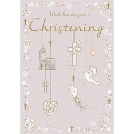 ICG Christening Card for Girls - Church, Hearts and Dove with Silver Foil & Flitter - Made in the UK