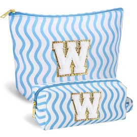 SEFORICO Initial Makeup Bag- Cosmetic Bag Cute Teen Girl Gifts Make Up Case Large Capacity Makeup Bag Travel Bag Gift for Women Valentines Day Bridesmaid Friend Birthday Gifts(Blue W)