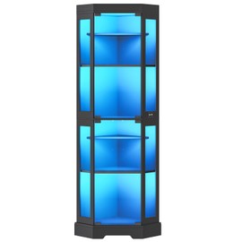 HOOBRO Corner Display Cabinet with Glass Doors，67.9" Glass Display Cabinet with LED Lights, 6-Tier Curio Cabinets for Collectibles, Books, Modern Display Case Corner Bookcase, Black BK02DDC01