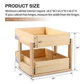 Mulush Pull Out Cabinet Organizer, 14''W×21''D×16''H Soft Close Slide Out Wood Drawer Shelves Storage for Kitchen, 2-Tier, Finished, Heavy-Duty, Bottom Assembly