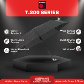 Knirps T.200 Medium Duomatic Automatic Open Close Rain Umbrella - Compact Windproof Umbrella for Rain - Travel Umbrella for Adults - 98cm Diameter Retractable Umbrella & Carrying Case, Check